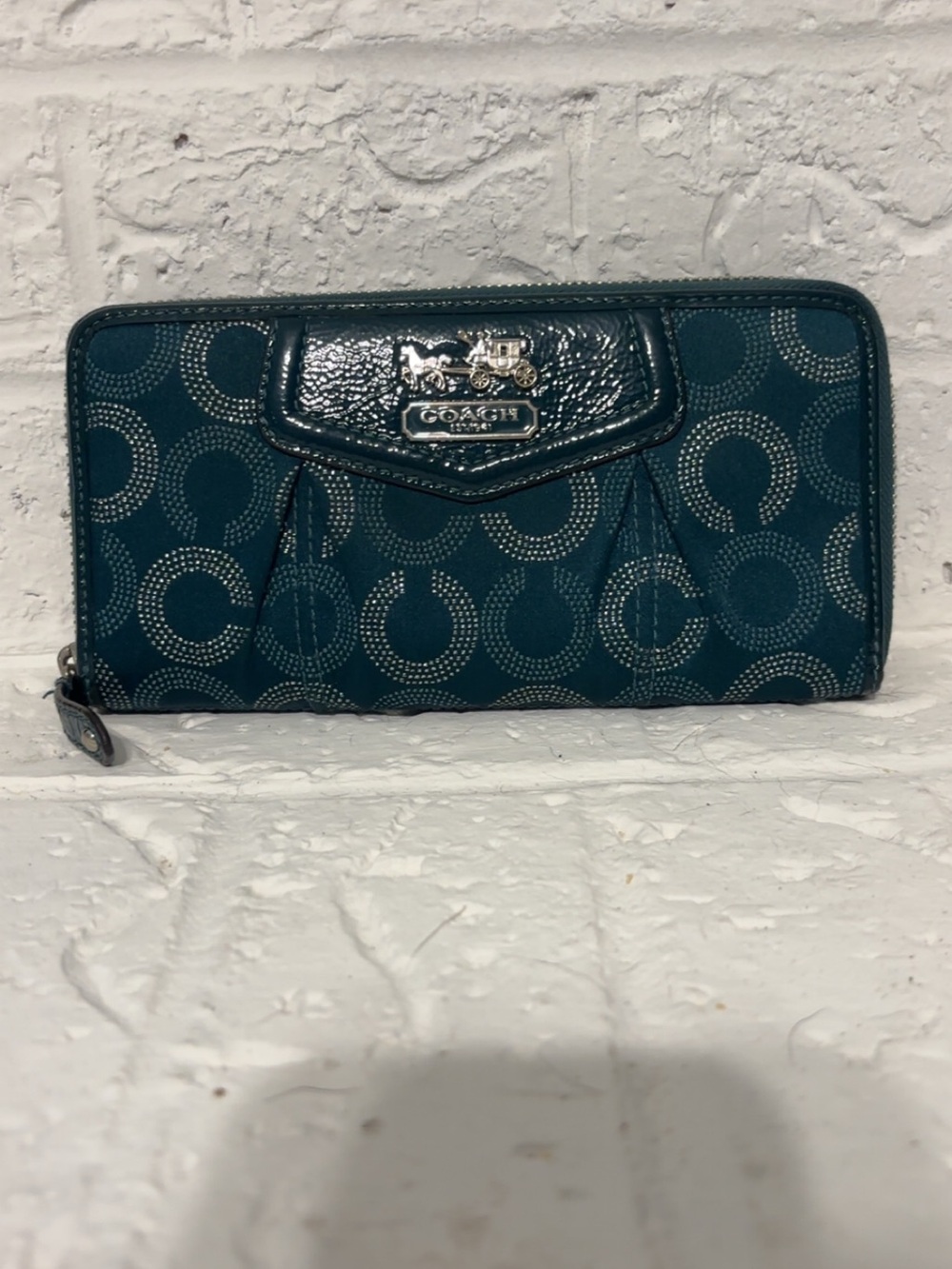 Coach Vintage Teal Signature Zip Wallet with Silver Hardware